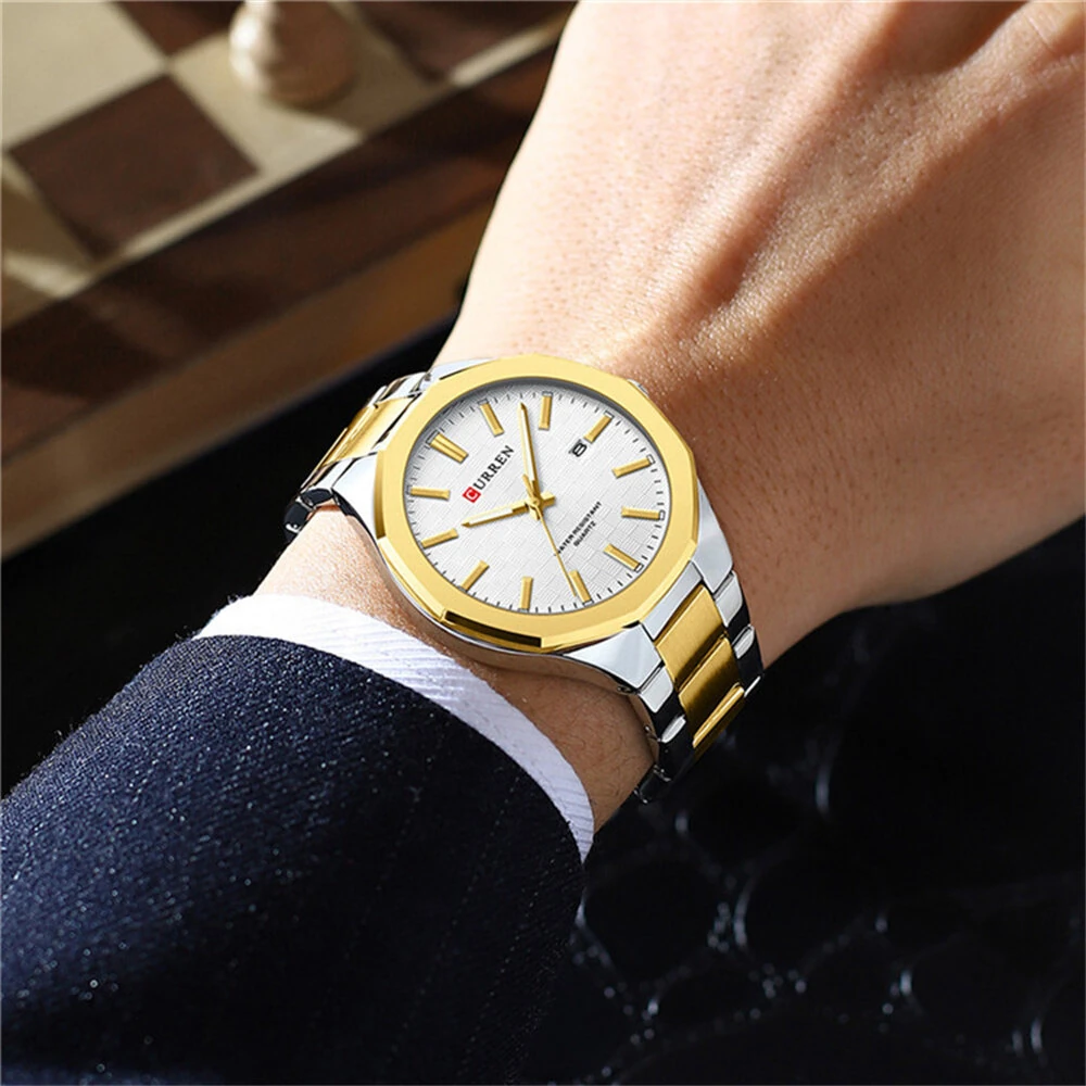 CURREN Men's Luminous Quartz Watch Stainless Steel Strap Waterproof Calendar Business Casual Stylish Wristwatch