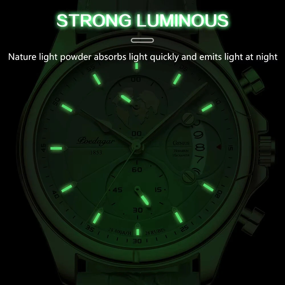 POEDAGAR Men's Waterproof Luminous Quartz Watches Fashion Multi-function Business Casual Wristwatch