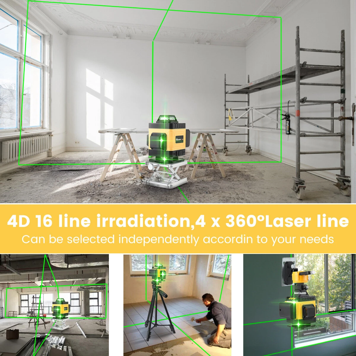 MUSTOOL 4D 16 Line Laser Level 16 Lines 360° Self-Leveling Green Light High Precision ±0.2mm/m IP54 Waterproof for Construction and DIY
