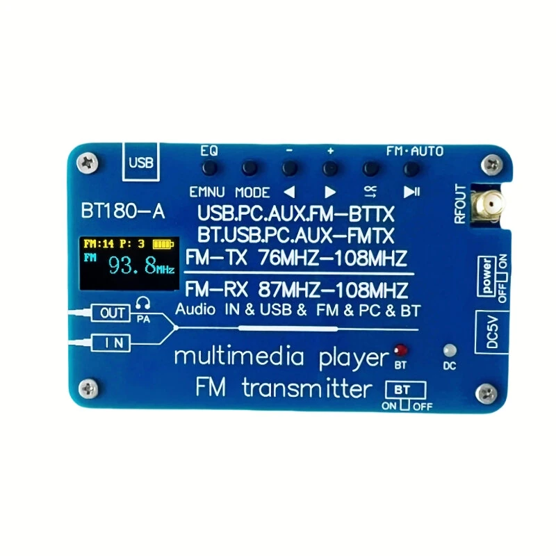 BT180 bluetooth 5.3 Transmitter Receiver FM Radio USB Audio Decoder PC Soundcard EQ Modes AUX Input 2800mAh Battery Long Playtime High Quality Audio Streaming