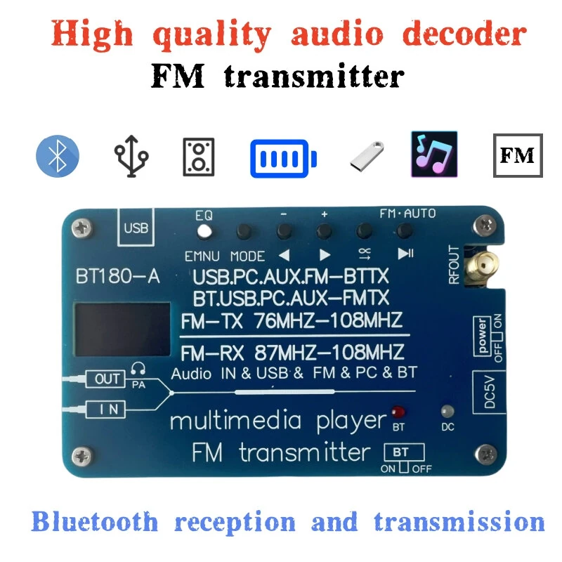 BT180 bluetooth 5.3 Transmitter Receiver FM Radio USB Audio Decoder PC Soundcard EQ Modes AUX Input 2800mAh Battery Long Playtime High Quality Audio Streaming