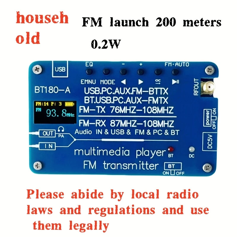 BT180 bluetooth 5.3 Transmitter Receiver FM Radio USB Audio Decoder PC Soundcard EQ Modes AUX Input 2800mAh Battery Long Playtime High Quality Audio Streaming