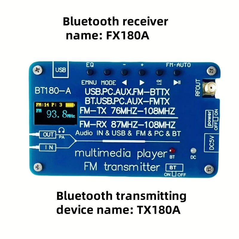 BT180 bluetooth 5.3 Transmitter Receiver FM Radio USB Audio Decoder PC Soundcard EQ Modes AUX Input 2800mAh Battery Long Playtime High Quality Audio Streaming