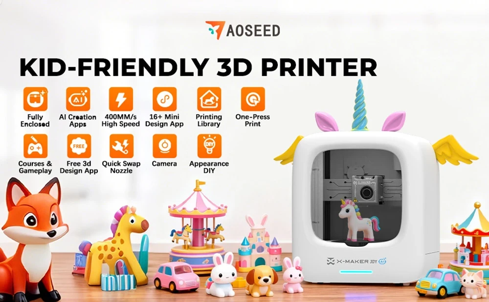 [EU/US Direct]AOSEED X-MAKER JOY AI Kids' V4.0 3D Printer with 4 PLA Filaments 300mm/s Print Speed 120×120×120mm Build Volume Support Wi-Fi App Control