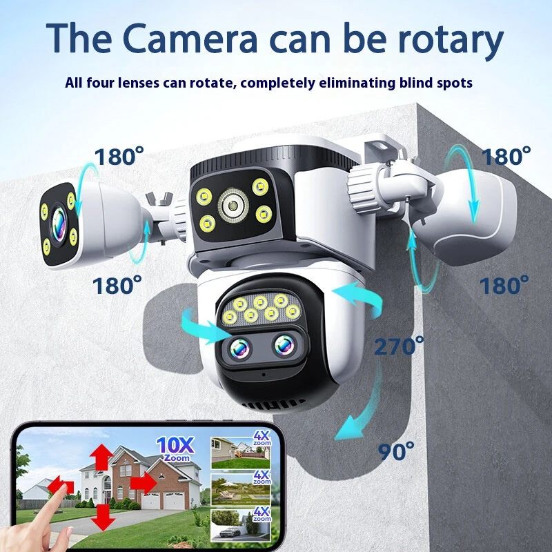 10K UHD WiFi 6 PTZ Camera 20MP Wireless Outdoor 10X Zoom Four Screen Four Lens Automatic Tracking Two-way Intercom Waterproof Security CCTV Camera
