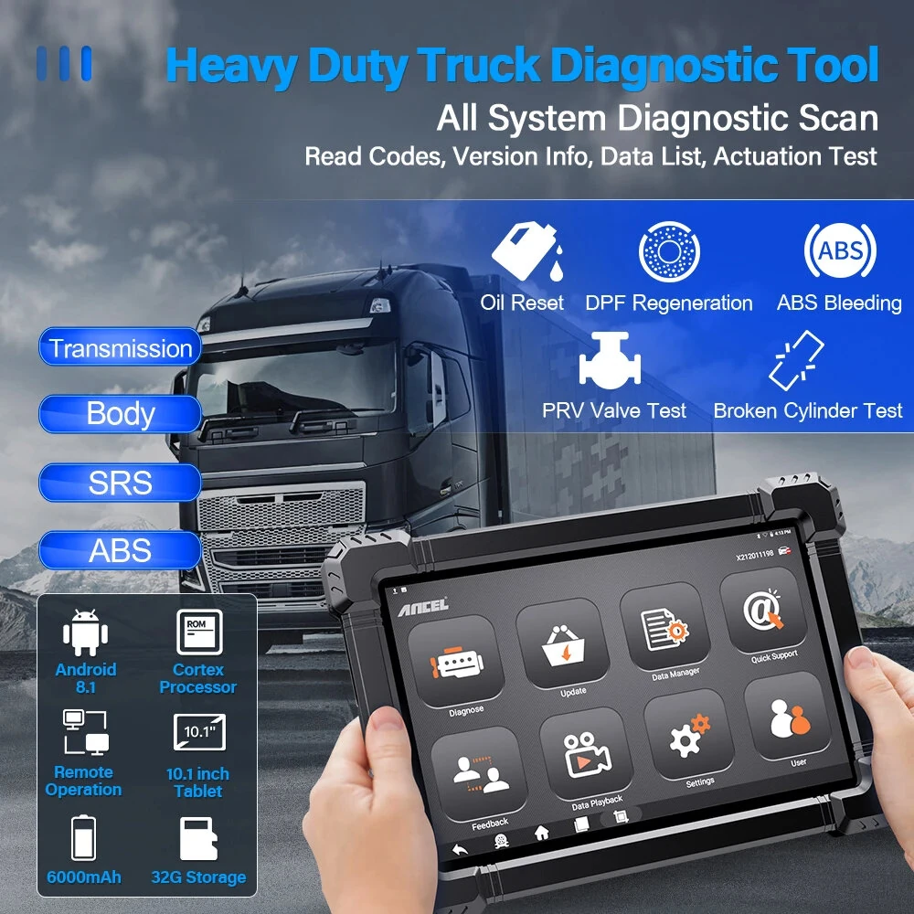 ANCEL X7HD Diesel Truck Scanner OBDII Diagnostic Tool Heavy Duty Diesel Truck Scan Tool Heavy Duty Truck Scanner Professional Full System 12V 24V Oil Regen ECU Reset Battery OBD2 Diagnostic Tool