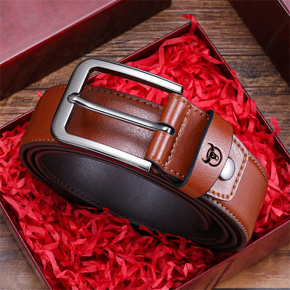 BULLCAPTAIN 130cm Genuine Leather Mens Pinch-buckle Belt with Box Birthday Gift for Husband Father Son
