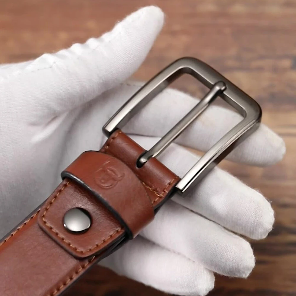 BULLCAPTAIN 130cm Genuine Leather Mens Pinch-buckle Belt with Box Birthday Gift for Husband Father Son