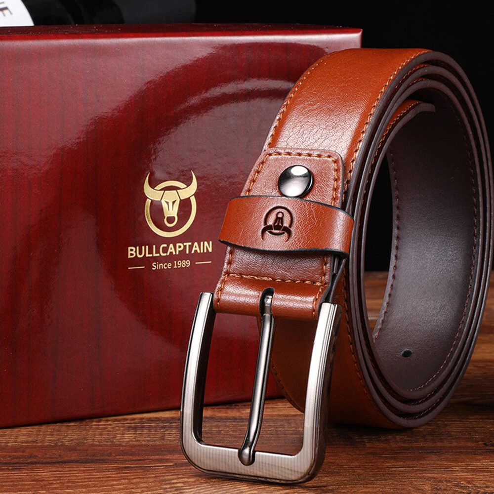 BULLCAPTAIN 130cm Genuine Leather Mens Pinch-buckle Belt with Box Birthday Gift for Husband Father Son