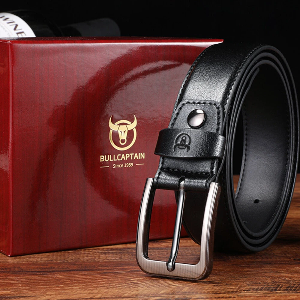 BULLCAPTAIN 130cm Genuine Leather Mens Pinch-buckle Belt with Box Birthday Gift for Husband Father Son