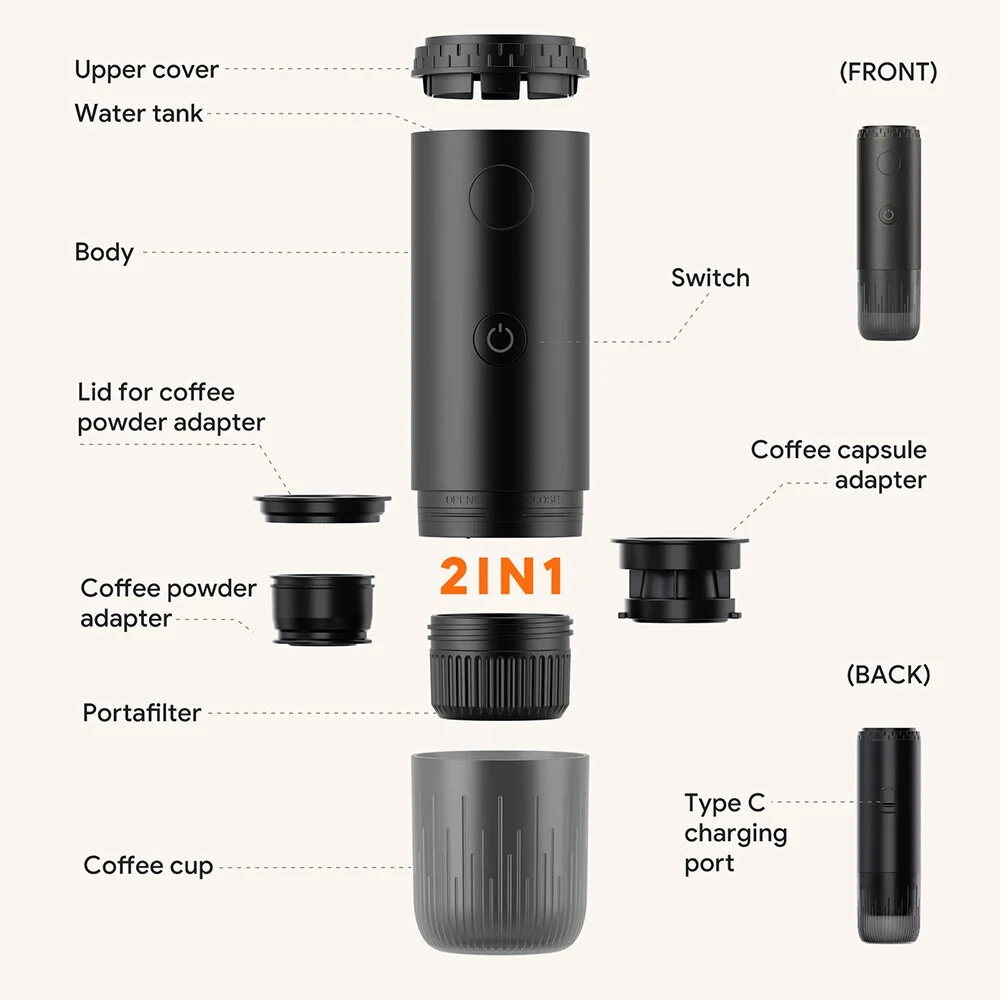 Comfook 2-in-1 Portable Espresso Maker with Cordless Heating 19Bar 85°C Brew 7800mAh Battery Compatible With Ground Coffee NS Capsules for Travel Use