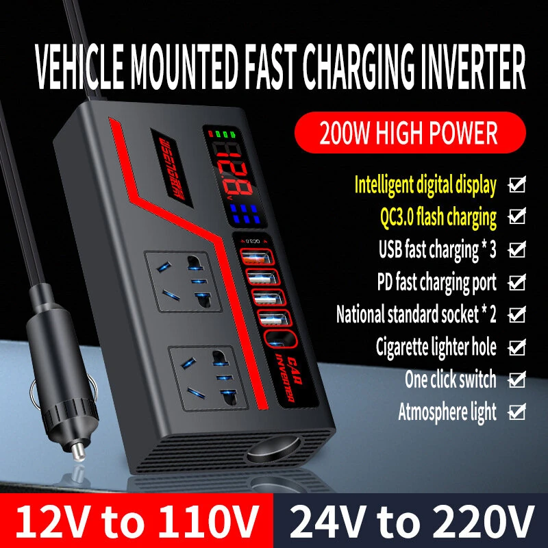 Car Inverter 12V to 110V 24V to 220V Multi-functional 200W Car Truck Converter  Intelligent Digital Display Car Charging Socket