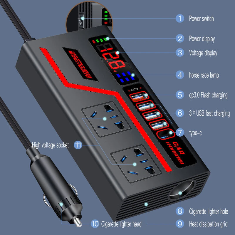 Car Inverter 12V to 110V 24V to 220V Multi-functional 200W Car Truck Converter  Intelligent Digital Display Car Charging Socket