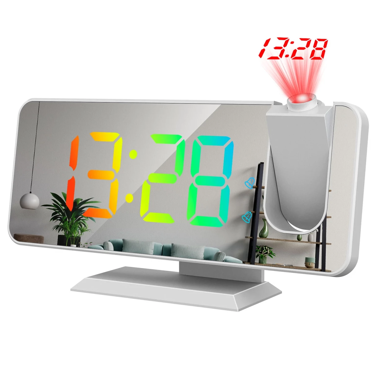 AGSIVO LED RGB Digital Projection Alarm Clock with 180° Rotatable Projector / 11 Colors / Mirror Surface / Snooze / 6-Level Brightness Dimmer / Clear LED Display / USB Charger For Bedroom Living Room