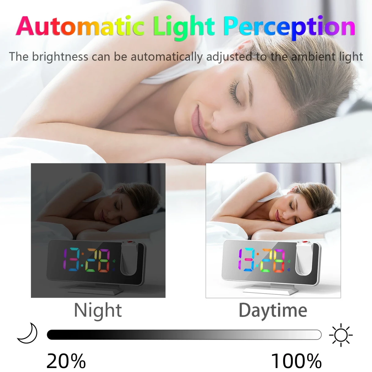 AGSIVO LED RGB Digital Projection Alarm Clock with 180° Rotatable Projector / 11 Colors / Mirror Surface / Snooze / 6-Level Brightness Dimmer / Clear LED Display / USB Charger For Bedroom Living Room