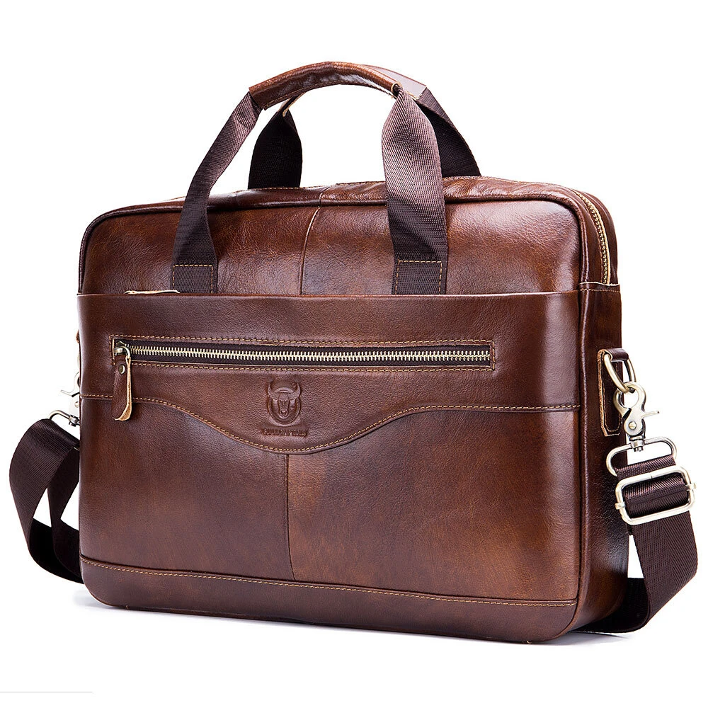 BULLCAPTAIN 14 inch Laptop Men's Genuine Leather Briefcase Office Business Large Capacity Handbag with Strap
