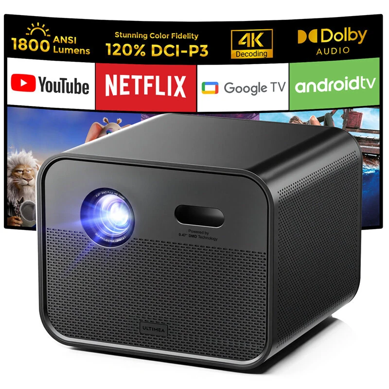 [EU Direct] ULTIMEA Poseidon E100 DLP Projector 1800 ANSI Lumens 1080P Native 3D 4K HDR10&HLG Auto Focus & 6D Keystone Google TV Dual 10W Speakers Smart Home Cinema Theater