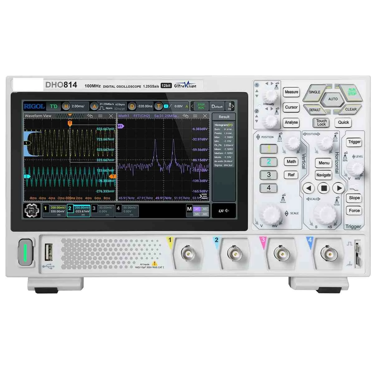 DHO814 Digital Oscilloscope 100MHz 12-bit High Resolution 1.25 GSa/s Real Time Sampling 4 Channel Kit Advanced Signal Processing UltraHD Touch Screen User-friendly Practical Lab Equipment