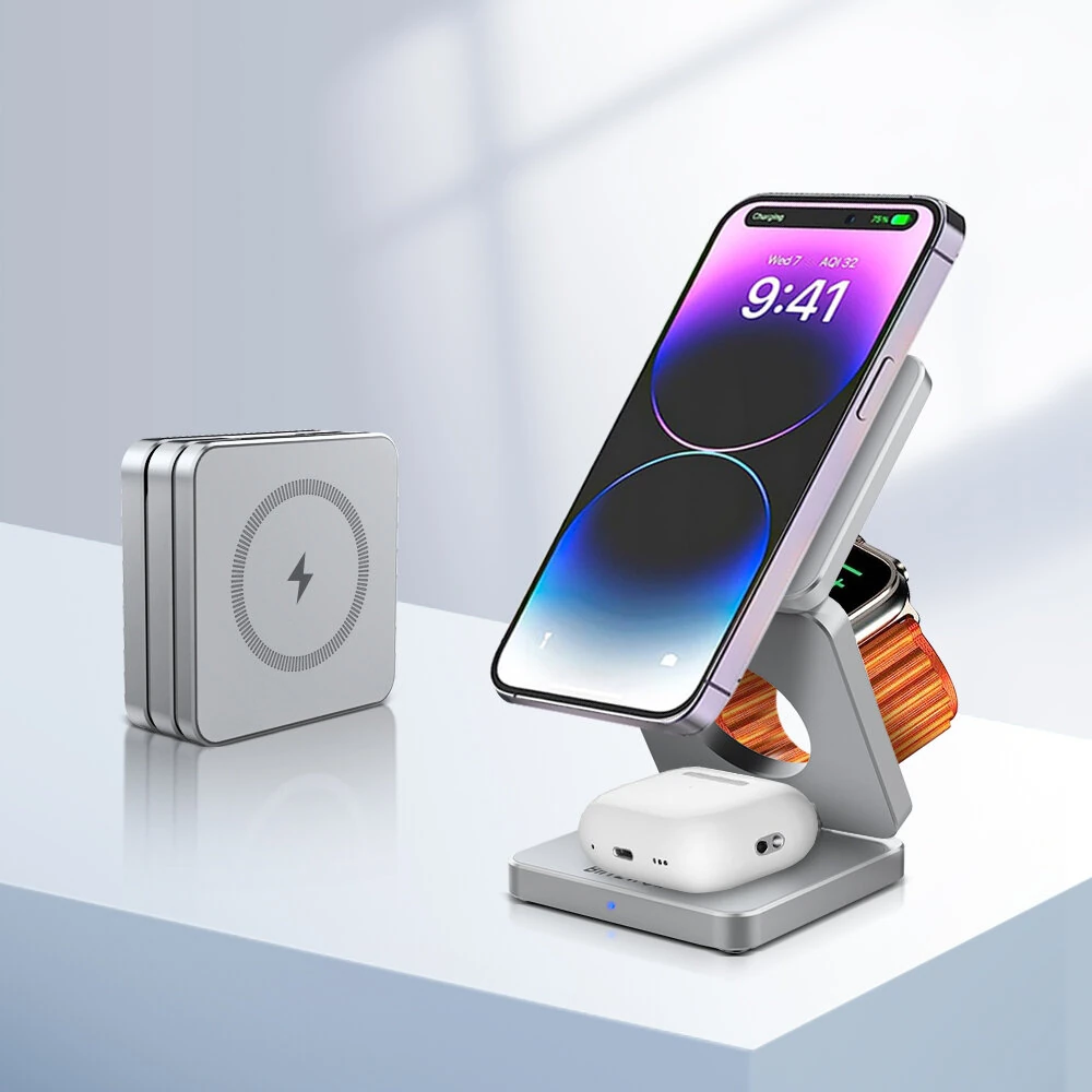 BlitzWolf BW-iw30 3-in-1 Foldable Magnetic 15W Wireless Charger Fast Charging Station for iPhone 17 16 15 14 13 12 Pro/Max/Plus for Apple Watch 9/8/7/6/5/4/3/2/SE/Ultra 2 for AirPods 3/2/Pro