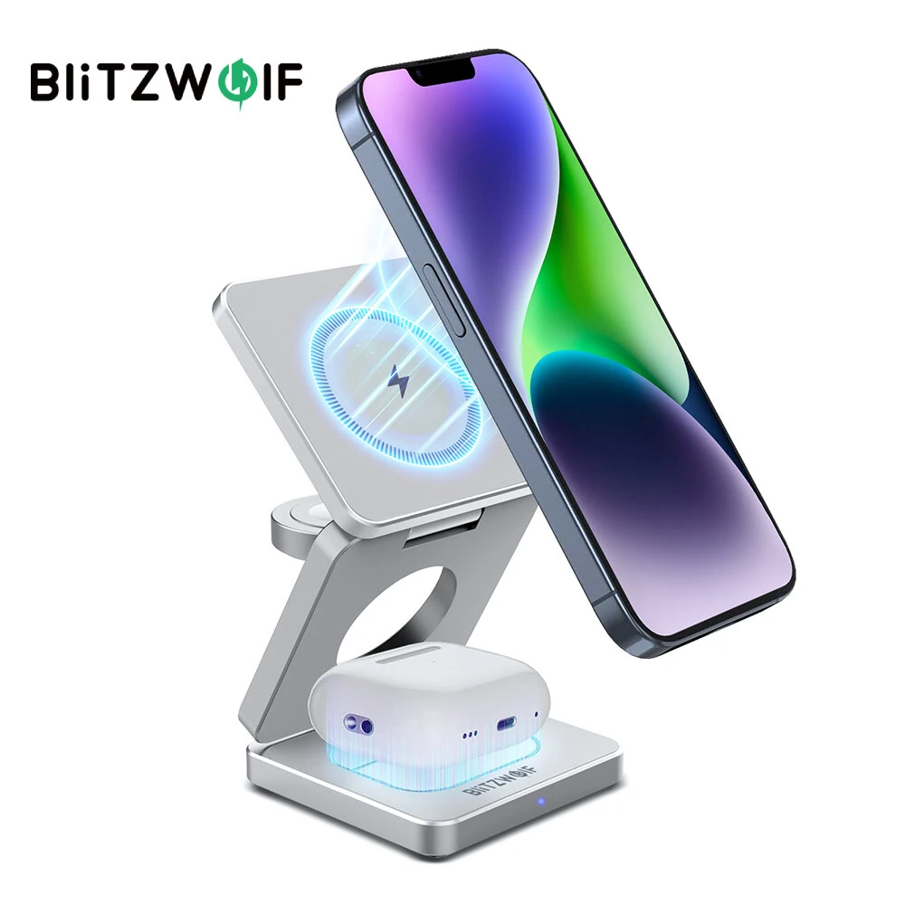 BlitzWolf BW-iw30 3-in-1 Foldable Magnetic 15W Wireless Charger Fast Charging Station for iPhone 17 16 15 14 13 12 Pro/Max/Plus for Apple Watch 9/8/7/6/5/4/3/2/SE/Ultra 2 for AirPods 3/2/Pro