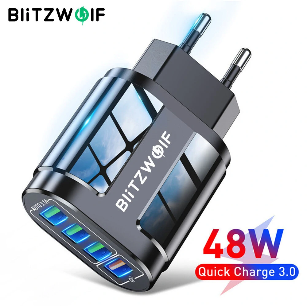 BlitzWolf® BK-385 48W 4 USB Ports QC 3.0 Fast Charger Wall Travel Charging EU Plug Adapter For iPhone 14 14 Plus 14 Pro Max for iPad Pro For Samsung Galaxy S22 Ultra Galaxy Z Flip 4 For Xiaomi Mi 12T Redmi Note 12