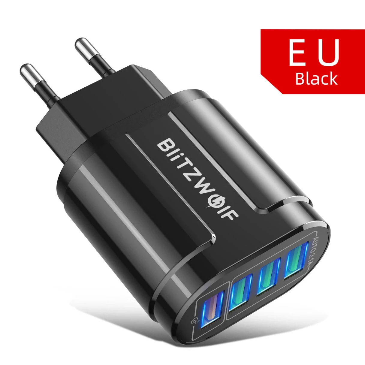 BlitzWolf® BK-385 48W 4 USB Ports QC 3.0 Fast Charger Wall Travel Charging EU Plug Adapter For iPhone 14 14 Plus 14 Pro Max for iPad Pro For Samsung Galaxy S22 Ultra Galaxy Z Flip 4 For Xiaomi Mi 12T Redmi Note 12