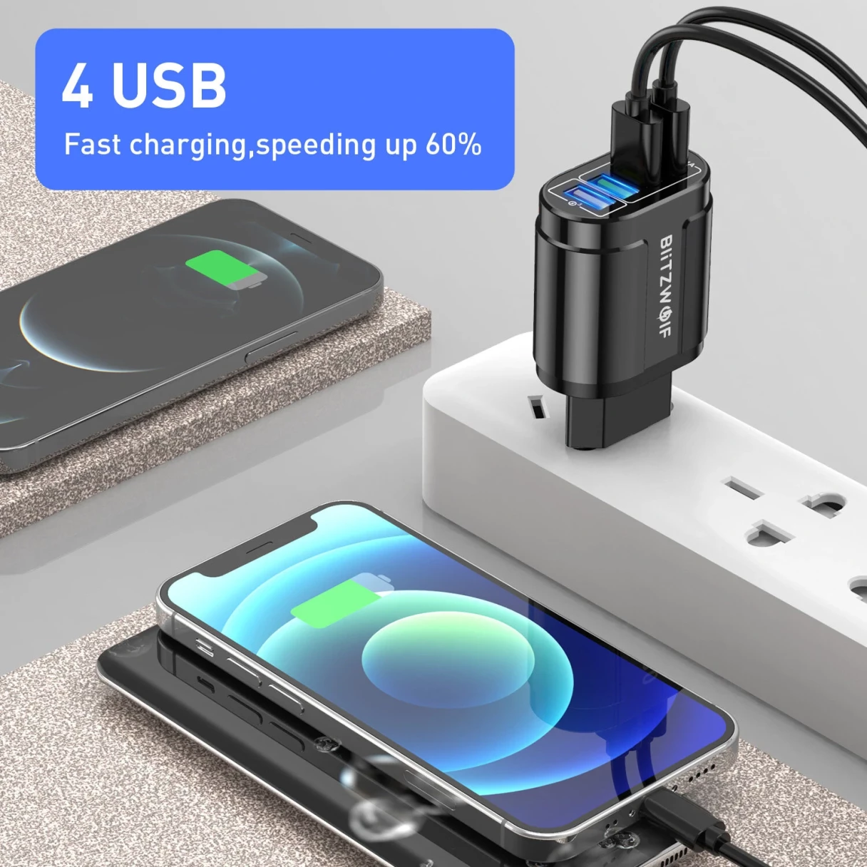 BlitzWolf® BK-385 48W 4 USB Ports QC 3.0 Fast Charger Wall Travel Charging EU Plug Adapter For iPhone 14 14 Plus 14 Pro Max for iPad Pro For Samsung Galaxy S22 Ultra Galaxy Z Flip 4 For Xiaomi Mi 12T Redmi Note 12