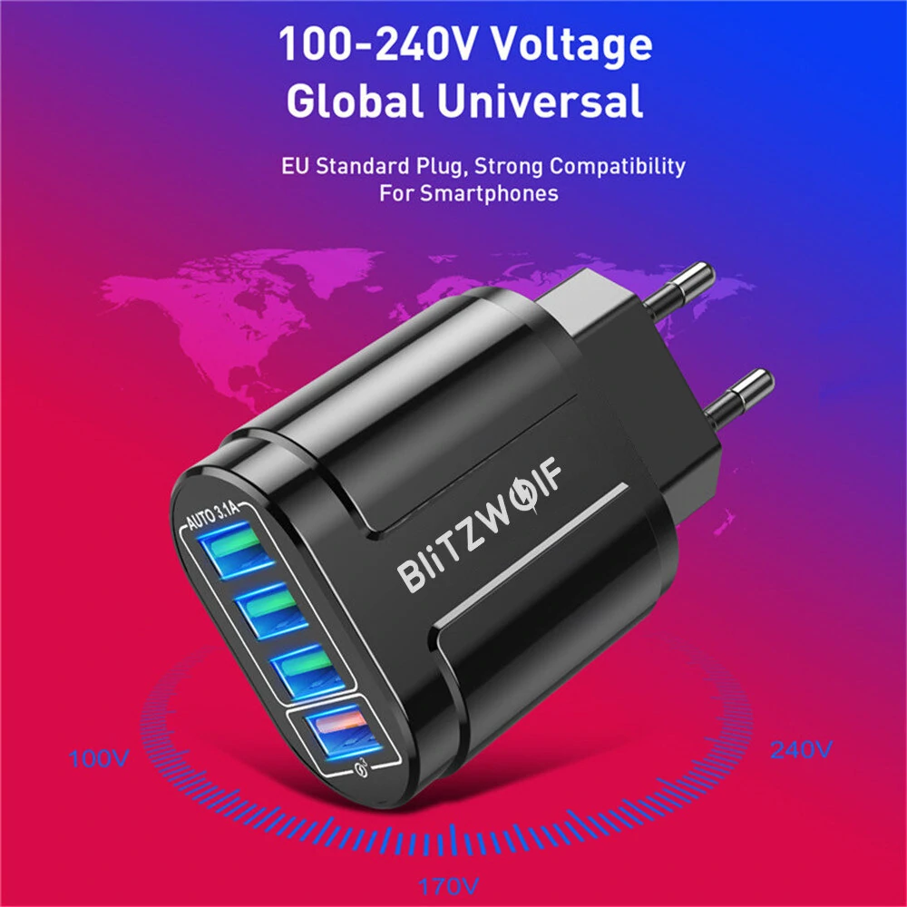 BlitzWolf® BK-385 48W 4 USB Ports QC 3.0 Fast Charger Wall Travel Charging EU Plug Adapter For iPhone 14 14 Plus 14 Pro Max for iPad Pro For Samsung Galaxy S22 Ultra Galaxy Z Flip 4 For Xiaomi Mi 12T Redmi Note 12