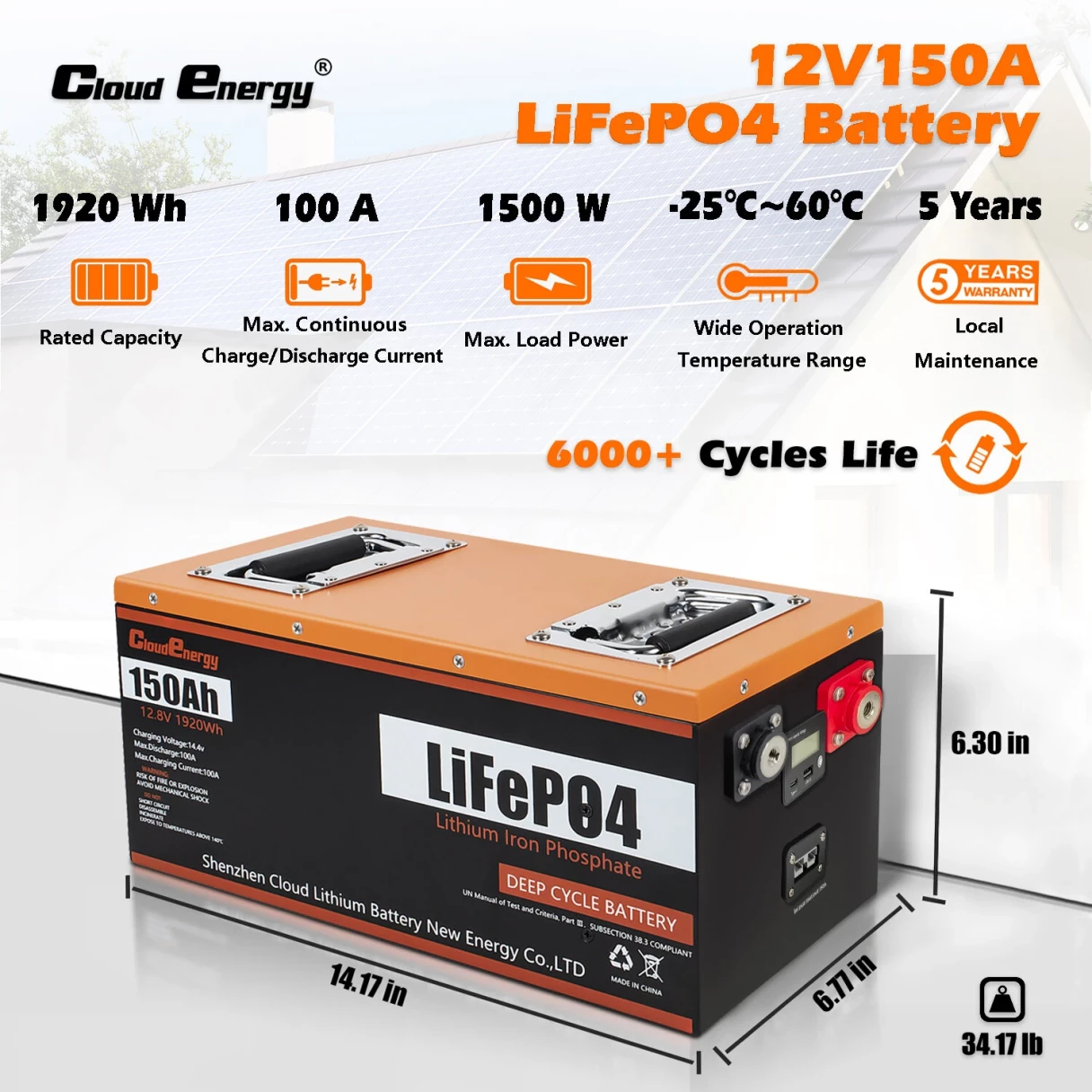 [EU Direct] Cloudenergy 12V-24V 100V-300Ah LiFePO4 Battery, CL24-150 3840Wh 2560W Built-in 100A BMS 6000+ cycles 10 Years Service Life with Class A LiFePO4 Cells Perfect for Motorhome, Camper, Energy Storage, Van, Off-grid