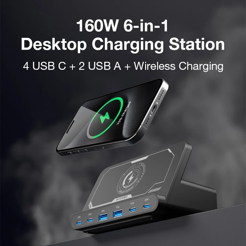 BlitzWolf® BW-S27 160W 6-Port USB PD Desktop Fast Charger 2USB-A+4USB-C PD3.0 QC4.0 AFC FCP SCP PPS PE with 15W 10W 7.5W 5W Wireless Charger Desktop Charging Station EU Plug for iPhone 15 14 13 for MacBook Pro for Airpods for Apple Watch