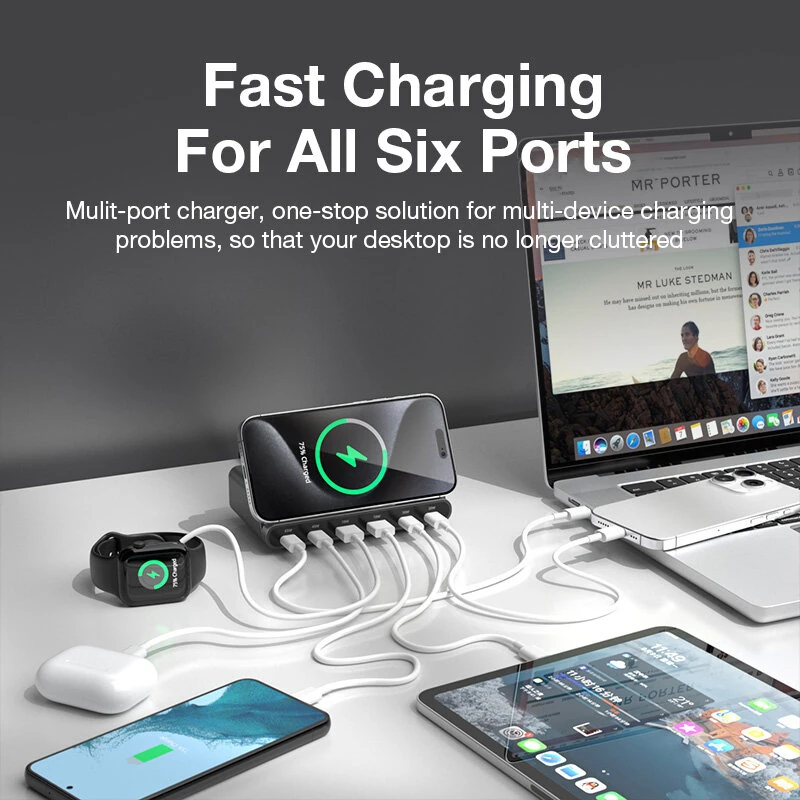 BlitzWolf® BW-S27 160W 6-Port USB PD Desktop Fast Charger 2USB-A+4USB-C PD3.0 QC4.0 AFC FCP SCP PPS PE with 15W 10W 7.5W 5W Wireless Charger Desktop Charging Station EU Plug for iPhone 15 14 13 for MacBook Pro for Airpods for Apple Watch