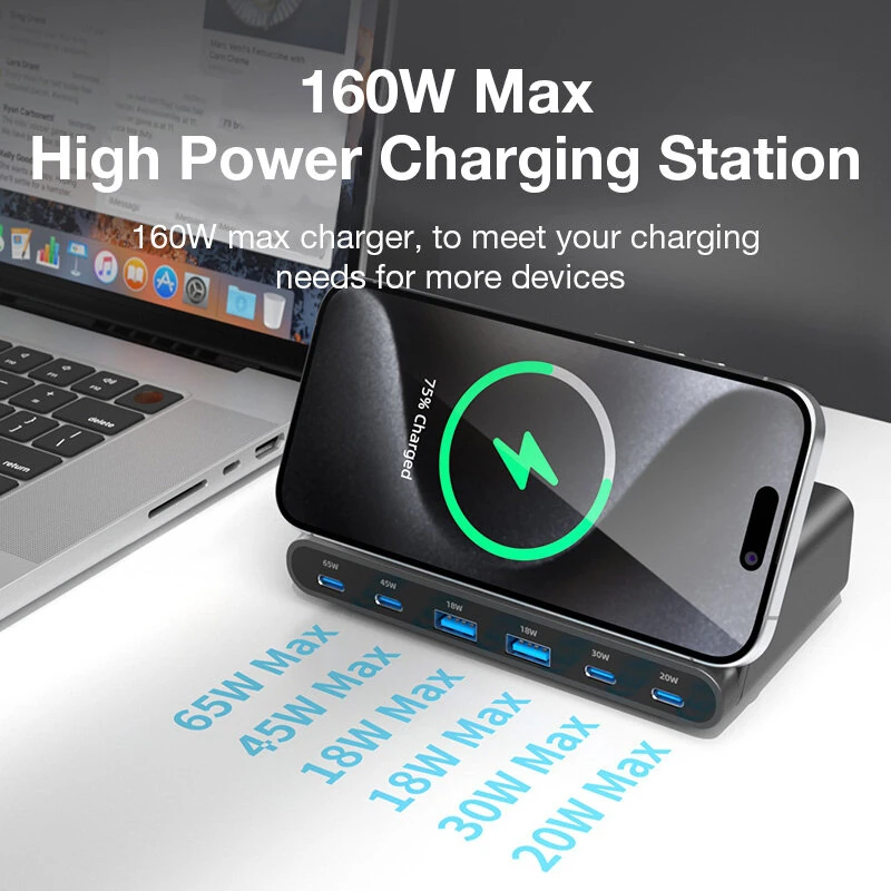 BlitzWolf® BW-S27 160W 6-Port USB PD Desktop Fast Charger 2USB-A+4USB-C PD3.0 QC4.0 AFC FCP SCP PPS PE with 15W 10W 7.5W 5W Wireless Charger Desktop Charging Station EU Plug for iPhone 15 14 13 for MacBook Pro for Airpods for Apple Watch