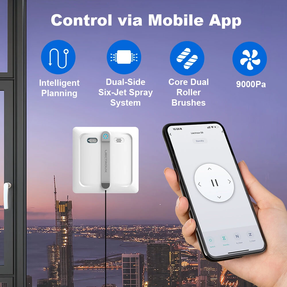 [EU Direct]Liectroux S9 Smart Window Cleaning Robot,With 2 Roller Brushes, 6-Way Water Pump Spray,Brushless Motor,9kpa Suction,Frameless Works,8 Microswitches,Safety Rope & Power Cord 2 In 1,App & Remote Control,Voice Prompts