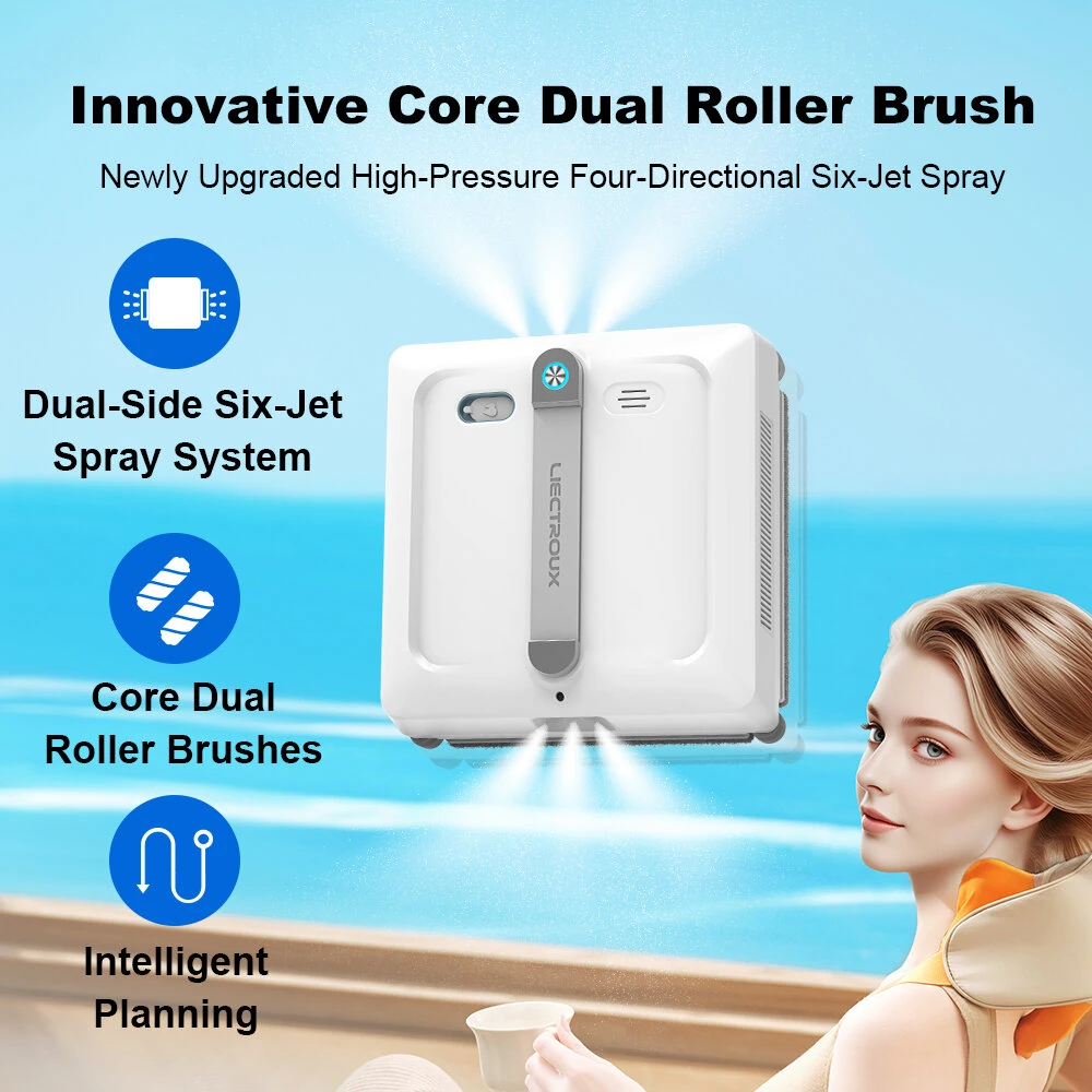 [EU Direct]Liectroux S9 Smart Window Cleaning Robot,With 2 Roller Brushes, 6-Way Water Pump Spray,Brushless Motor,9kpa Suction,Frameless Works,8 Microswitches,Safety Rope & Power Cord 2 In 1,App & Remote Control,Voice Prompts