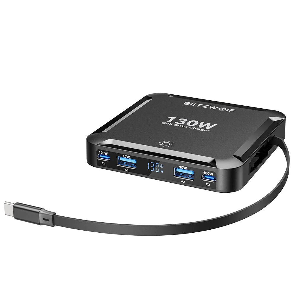 [GaN Tech] Blitzwolf® BW-S32 130W 5 in 1 USB PD Digital Display Charger with Retractable Cable Fast Charging Desktop Charging Station for iPhone 17 16 16 Pro 15 14 13 Pro Max for MacBook Pro for Airpods for Apple Watch