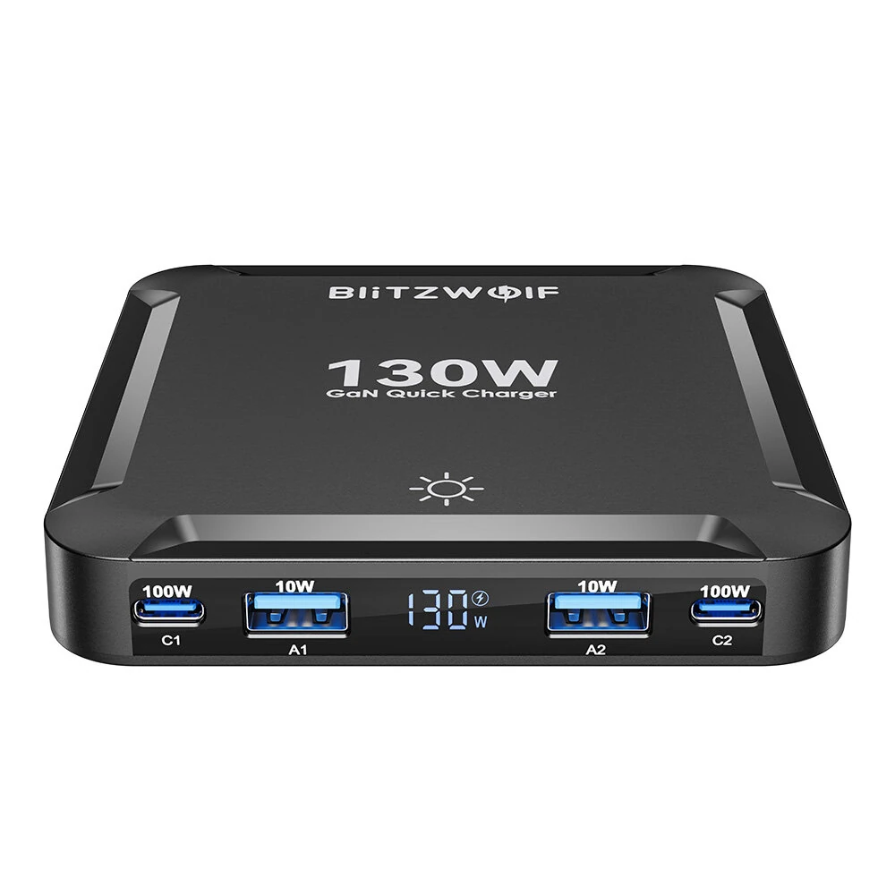 [GaN Tech] Blitzwolf® BW-S32 130W 5 in 1 USB PD Digital Display Charger with Retractable Cable Fast Charging Desktop Charging Station for iPhone 17 16 16 Pro 15 14 13 Pro Max for MacBook Pro for Airpods for Apple Watch