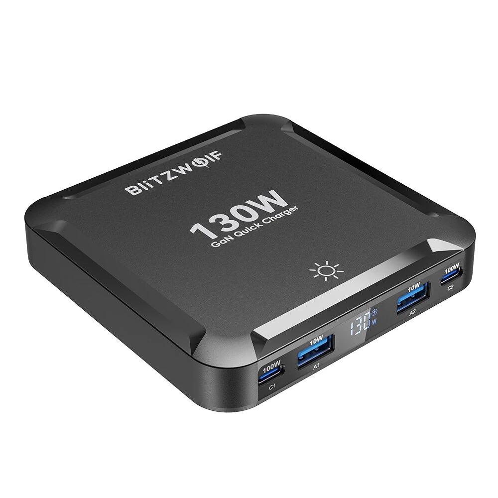 [GaN Tech] Blitzwolf® BW-S32 130W 5 in 1 USB PD Digital Display Charger with Retractable Cable Fast Charging Desktop Charging Station for iPhone 17 16 16 Pro 15 14 13 Pro Max for MacBook Pro for Airpods for Apple Watch