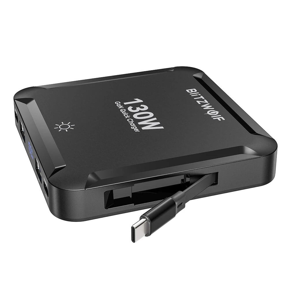 [GaN Tech] Blitzwolf® BW-S32 130W 5 in 1 USB PD Digital Display Charger with Retractable Cable Fast Charging Desktop Charging Station for iPhone 17 16 16 Pro 15 14 13 Pro Max for MacBook Pro for Airpods for Apple Watch