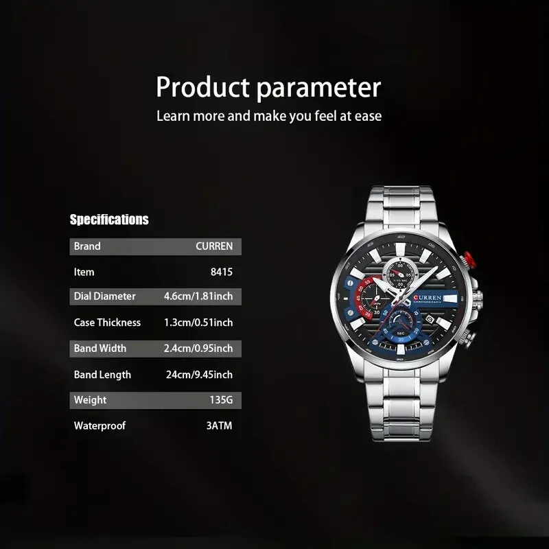 CURREN Chronograph Men's Business Sports Quartz Watch Casual Fashion Analog Calendar Wrist Watch Date Watch