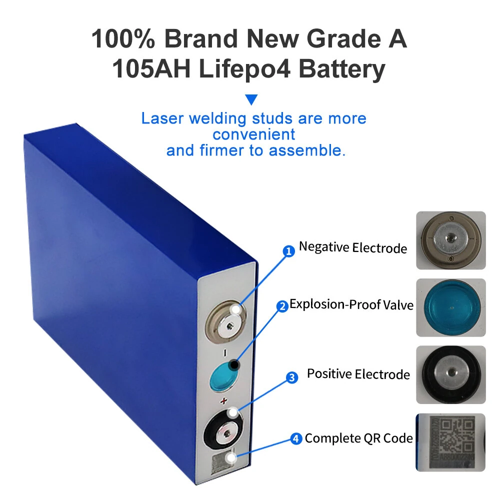 105Ah Battery Deep Cycle LiFePO4 Battery Cells Suitable for Ships Motorhome EPS Emergency Power Supply Solar System Inverter Golf Cart Lighting Devices
