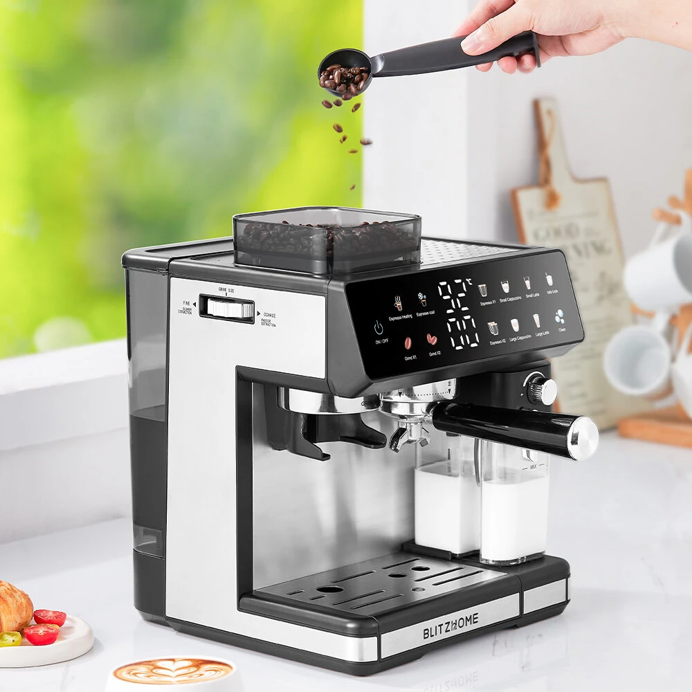 BlitzHome® CM5710 All-in-One Espresso Coffee Machine with Built-in Grinder Dual Boiler, Automatic Milk Frother Hot & Cold Brew Touch Screen