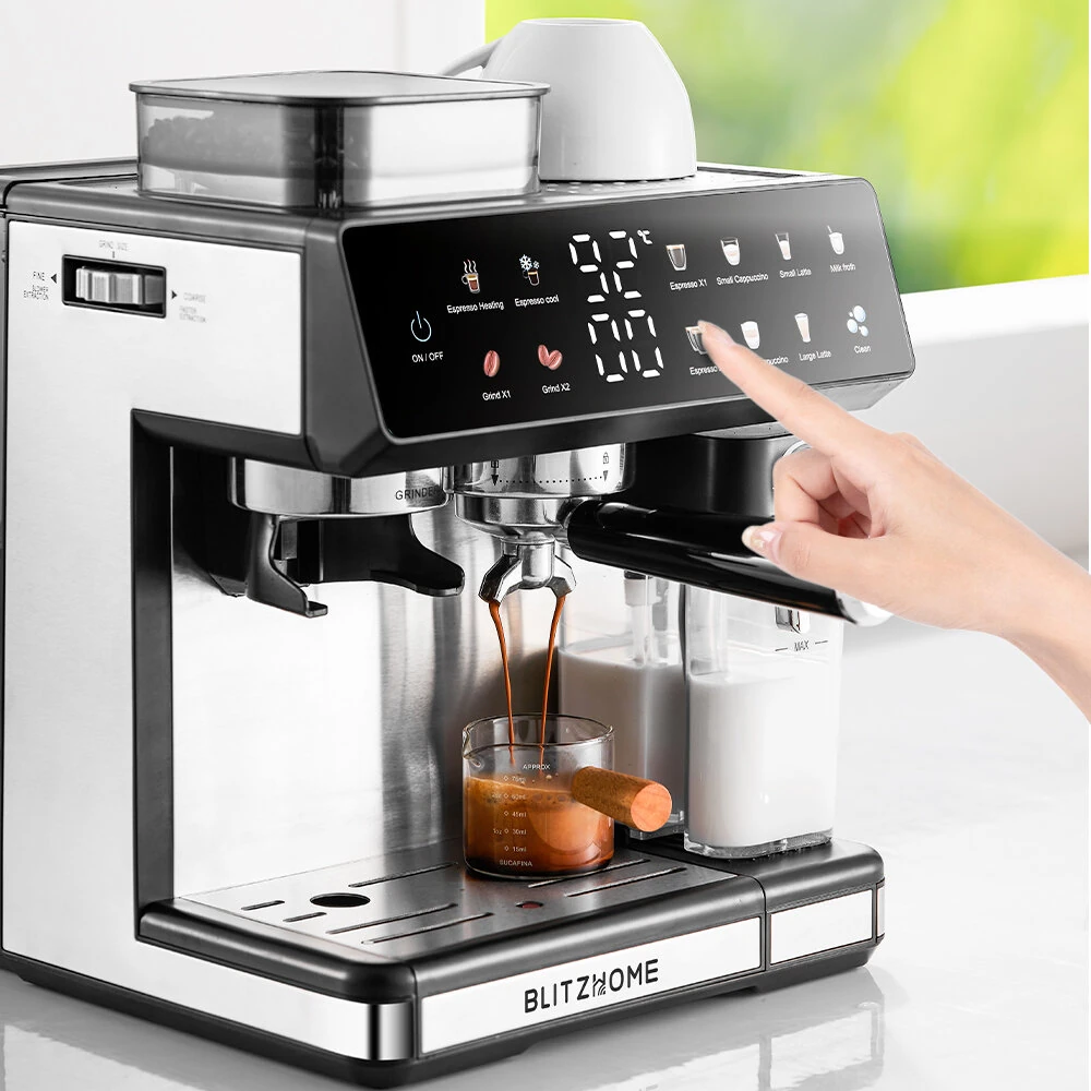BlitzHome® CM5710 All-in-One Espresso Coffee Machine with Built-in Grinder Dual Boiler, Automatic Milk Frother Hot & Cold Brew Touch Screen