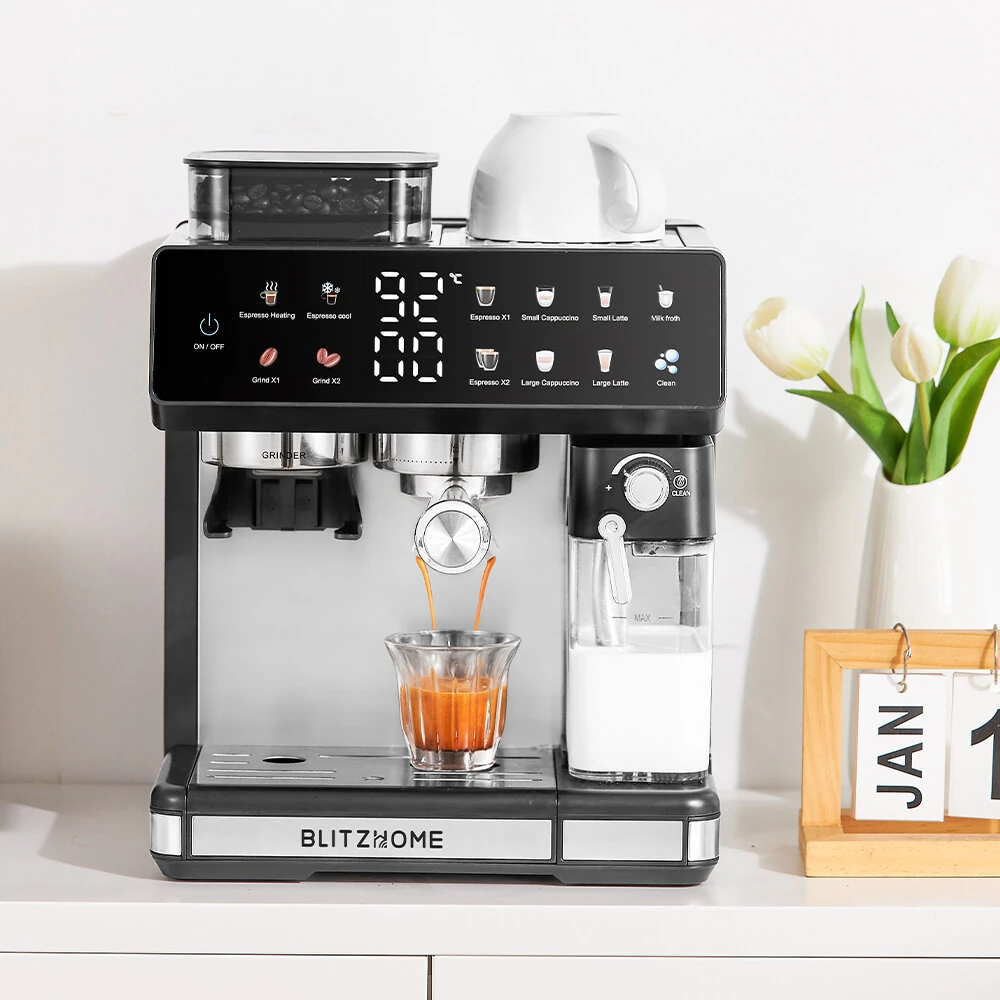 BlitzHome® CM5710 All-in-One Espresso Coffee Machine with Built-in Grinder Dual Boiler, Automatic Milk Frother Hot & Cold Brew Touch Screen