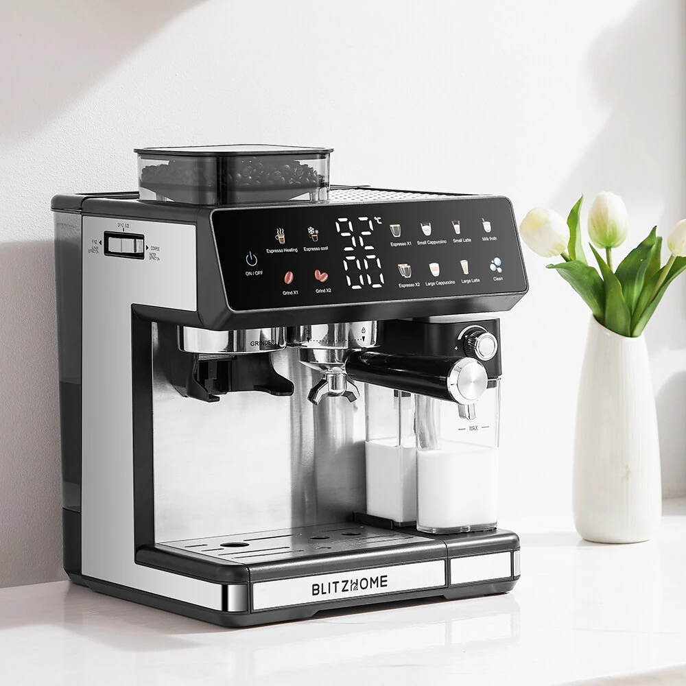 BlitzHome® CM5710 All-in-One Espresso Coffee Machine with Built-in Grinder Dual Boiler, Automatic Milk Frother Hot & Cold Brew Touch Screen