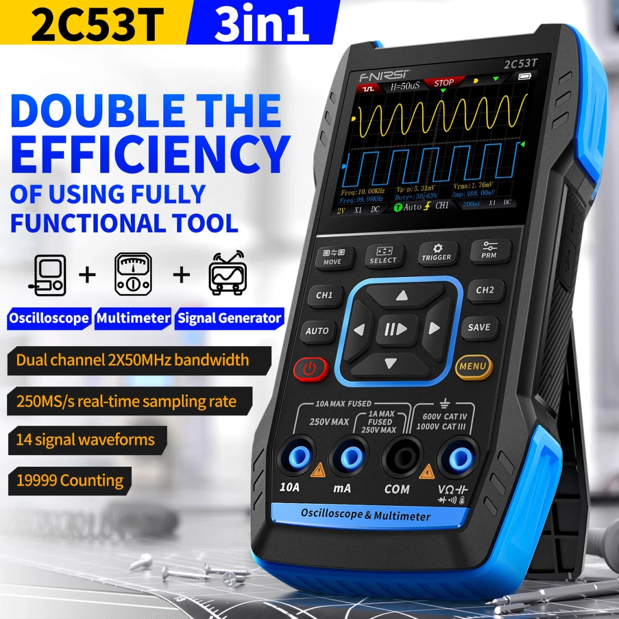 FNIRSI 2C53T Upgrade 3in1 50MHz*2 Dual Channel Bandwidth 250MS Rate Oscilloscope Multimeter Signal Generator 19999 Counts True RMS
