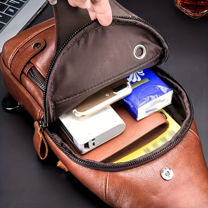 BULLCAPTAIN Mens Genuine Leather USB Charging Large Capacity Business Casual Chest Bag Shoulder Crossbody Bag