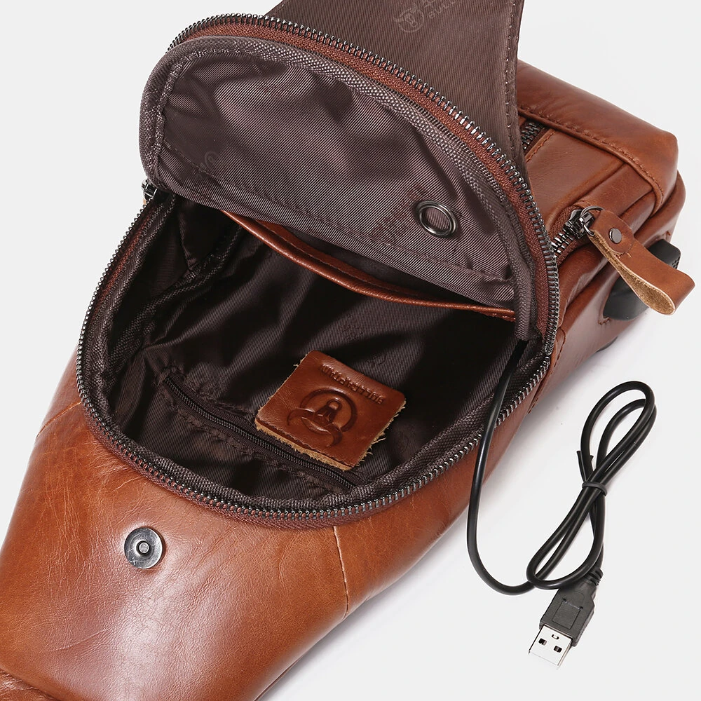 BULLCAPTAIN Mens Genuine Leather USB Charging Large Capacity Business Casual Chest Bag Shoulder Crossbody Bag