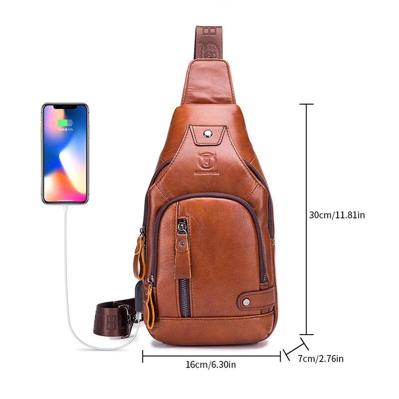 BULLCAPTAIN Mens Genuine Leather USB Charging Large Capacity Business Casual Chest Bag Shoulder Crossbody Bag