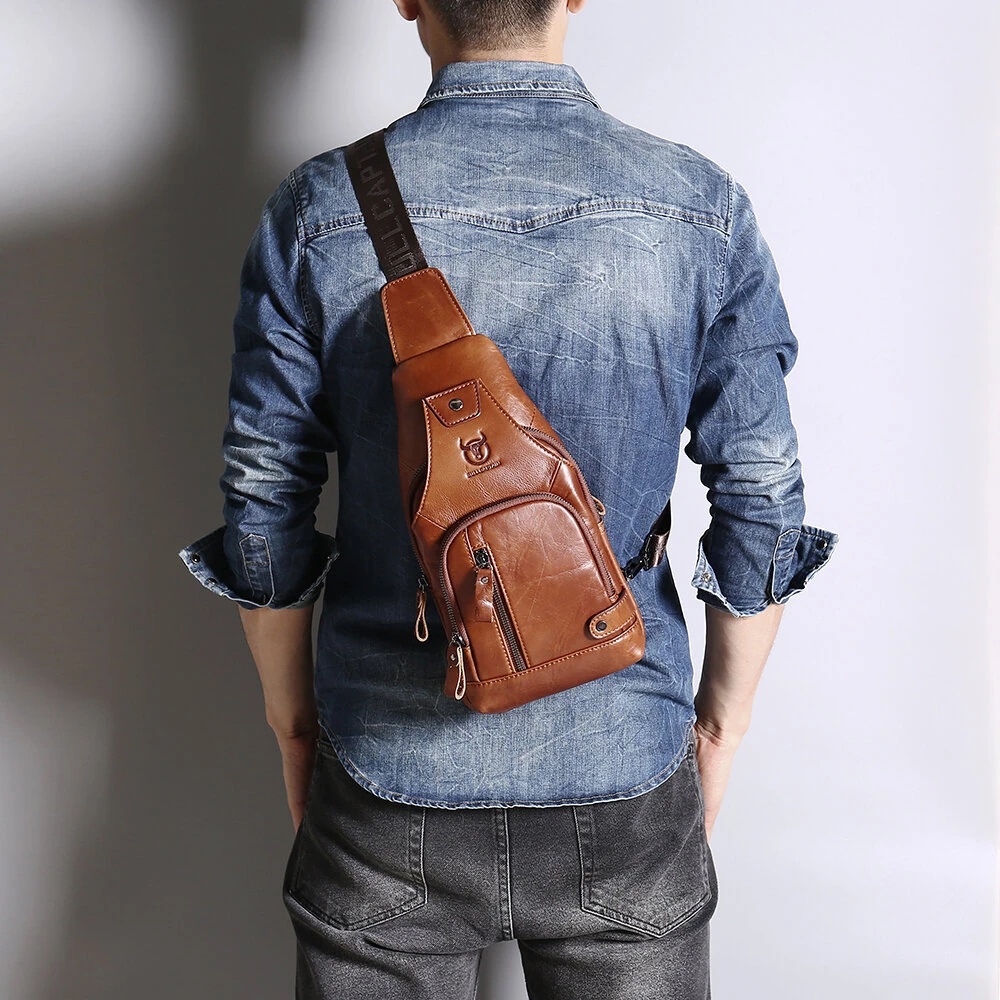BULLCAPTAIN Mens Genuine Leather USB Charging Large Capacity Business Casual Chest Bag Shoulder Crossbody Bag