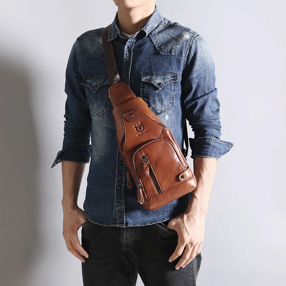 BULLCAPTAIN Mens Genuine Leather USB Charging Large Capacity Business Casual Chest Bag Shoulder Crossbody Bag